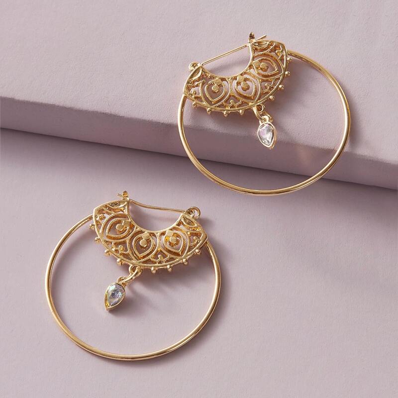 

1pair Rhinestone Engraved Charm Hoop Earrings, Gold