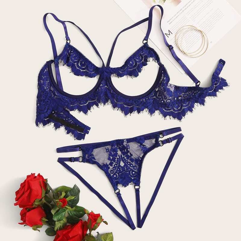 

Floral Lace Underwire Harness Lingerie Set, Blue