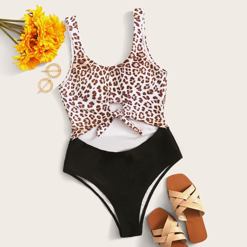 

Two Tone Leopard Pattern Cutout One Piece Swimwear, Multicolor