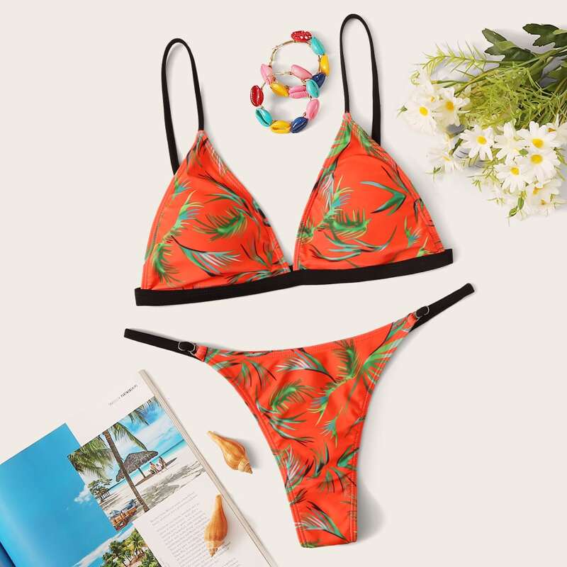 

Plant Triangle Thong Bikini Swimsuit, Multicolor