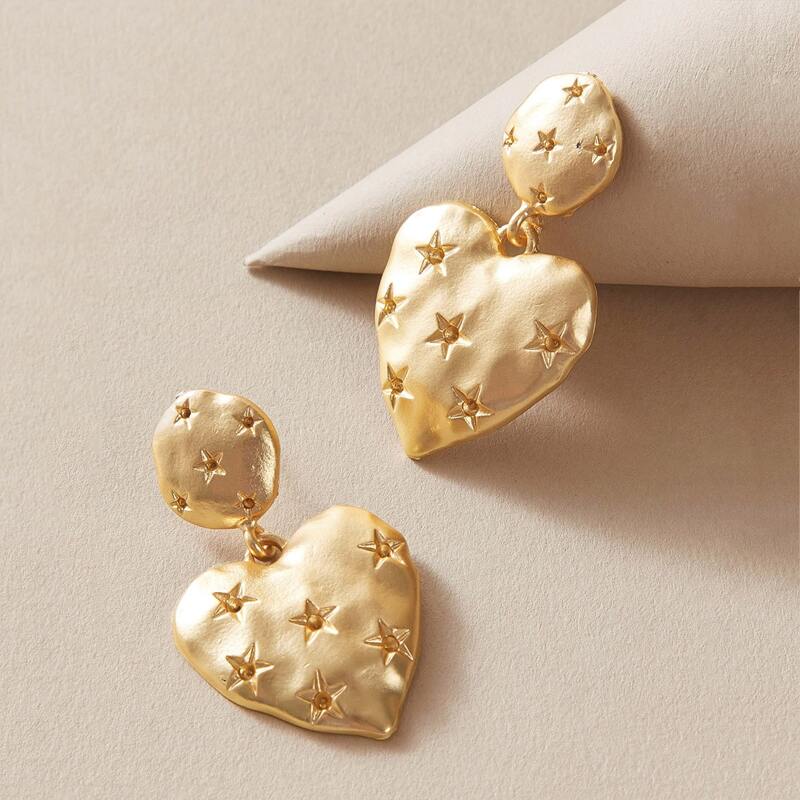 

1pair Star Engraved Heart Drop Earrings, Gold