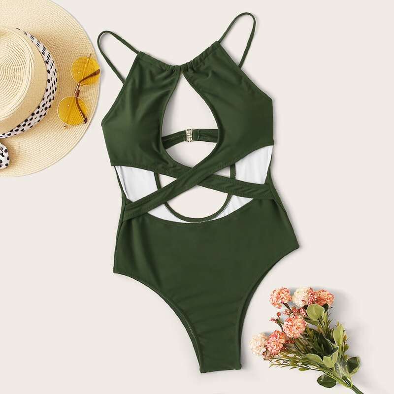 

Crisscross Cutout One Piece Swimsuit, Army green