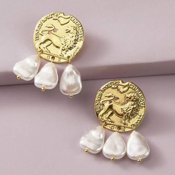

1pair Coin Decor Faux Pearl Drop Earrings, Multicolor