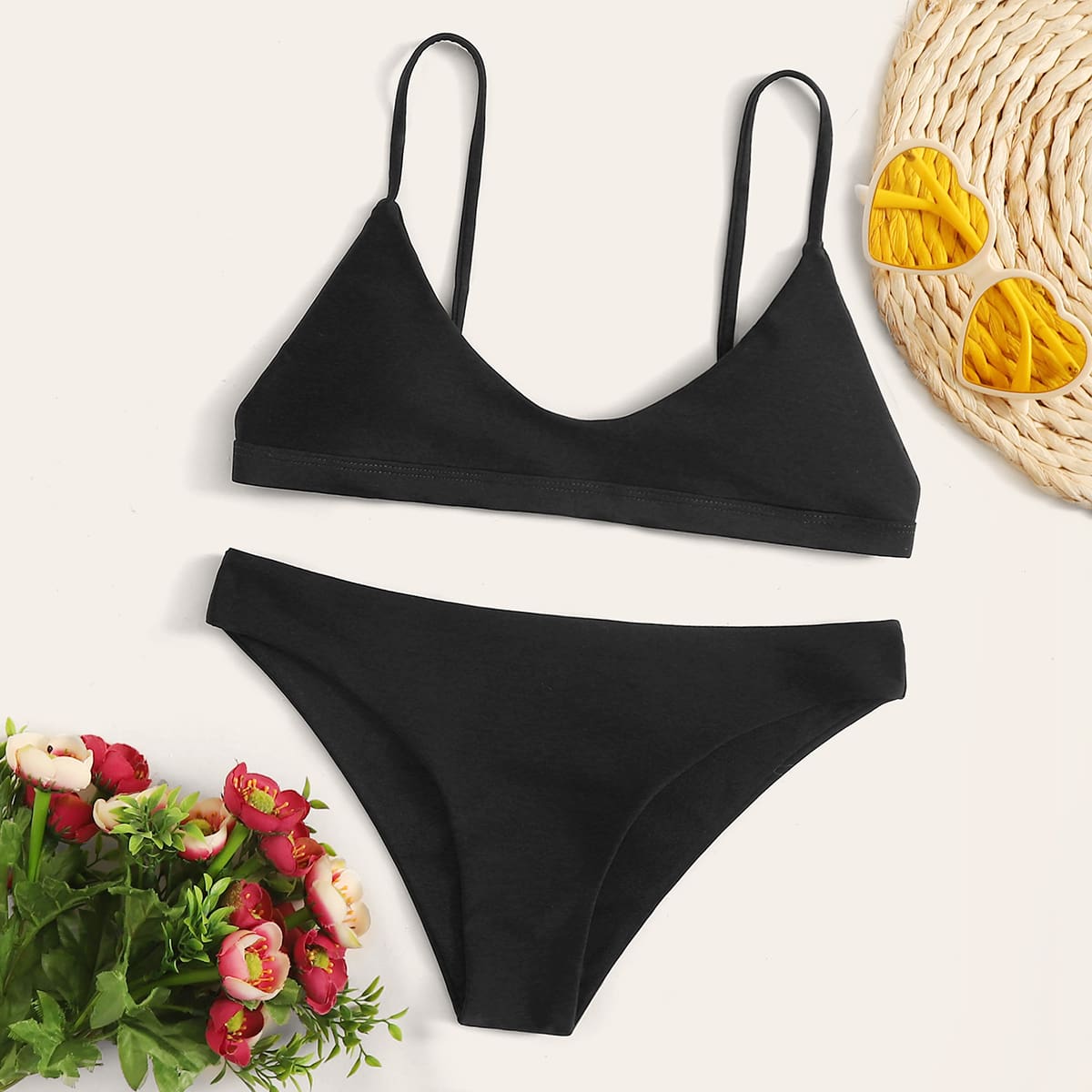 

Solid Black Top With Low Rise Bikini Set