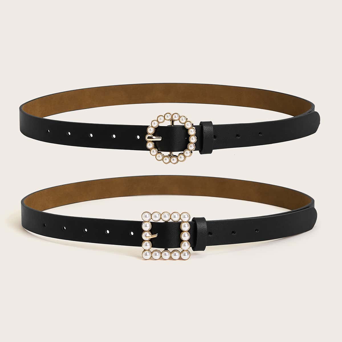 

2pcs Faux Pearl Geometric Buckle Belt, Black