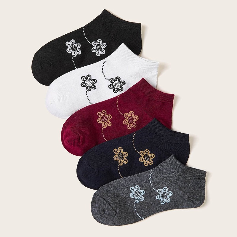 

5pairs Flower Pattern Ankle Socks, Multicolor