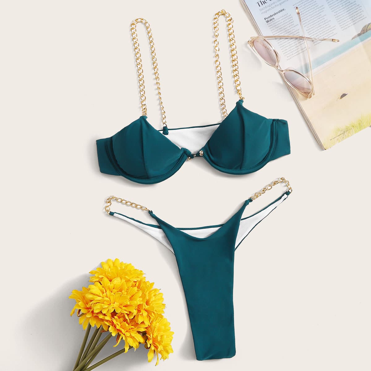 

Chain Strap Top With Thong Bikini Set, Green