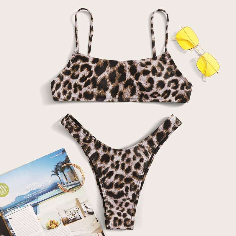 

Leopard Pattern Top With High Cut Bikini Set, Multicolor
