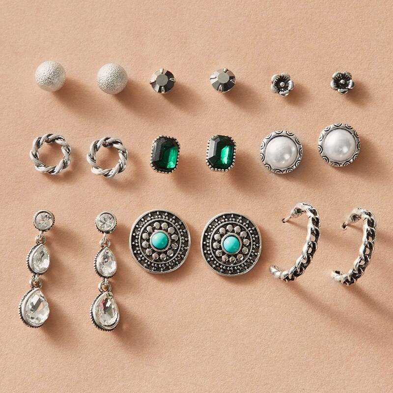 

9pairs Faux Pearl & Gemstone Decor Earrings, Silver