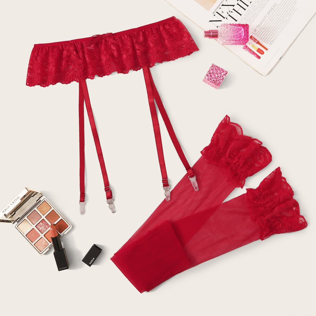 

Floral Lace Garter & 1pair Mesh Stockings, Red