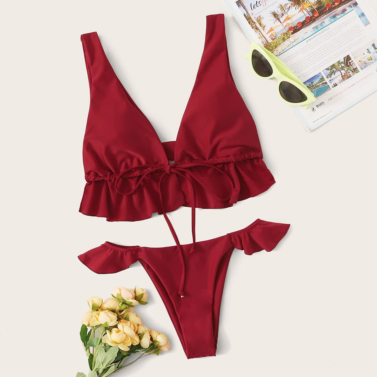 

Knot Front Ruffle Hem Bikini Set, Red