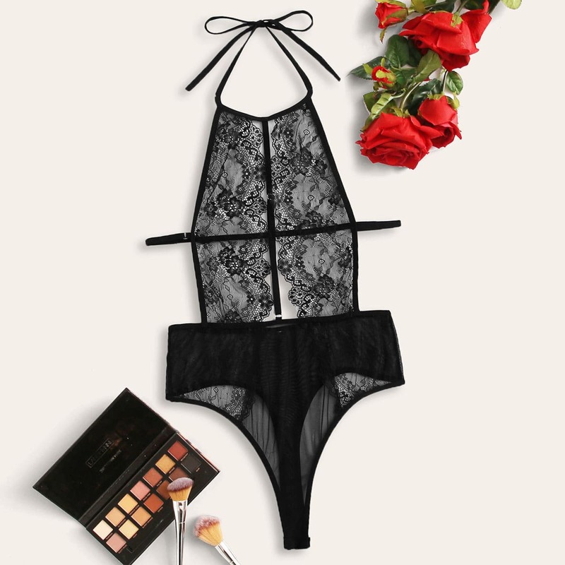 

Contrast Mesh Lace Halter Teddy Bodysuit, Black