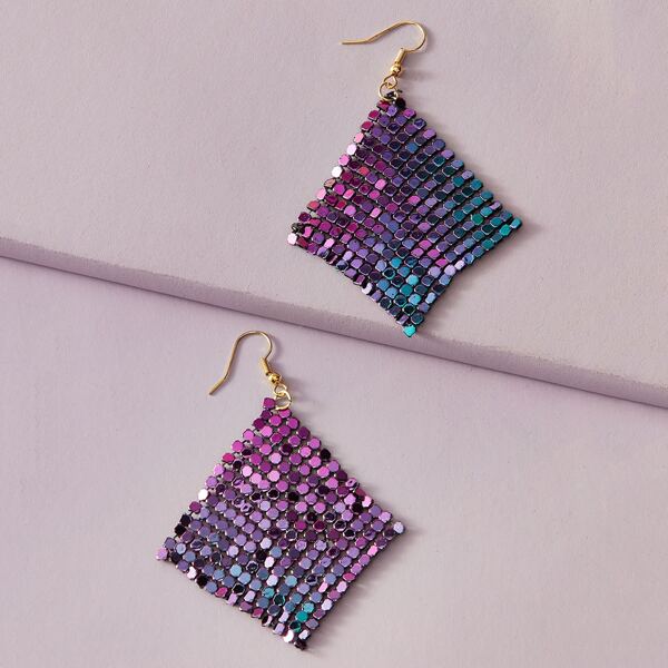 

1pair Holographic Disc Rhombus Drop Earrings, Multicolor