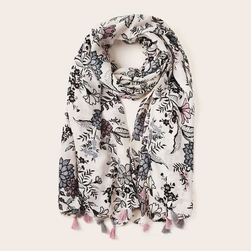 

Flower Pattern Tassel Scarf, Multicolor