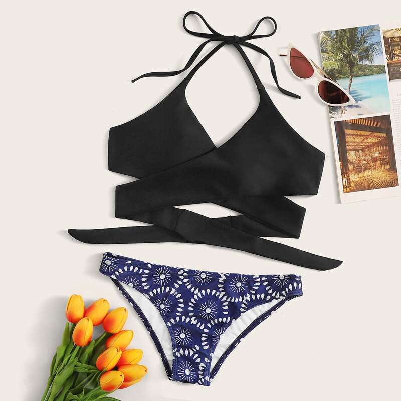 

Recycled Wrap Halter Hipster Bikini Swimsuit, Multicolor