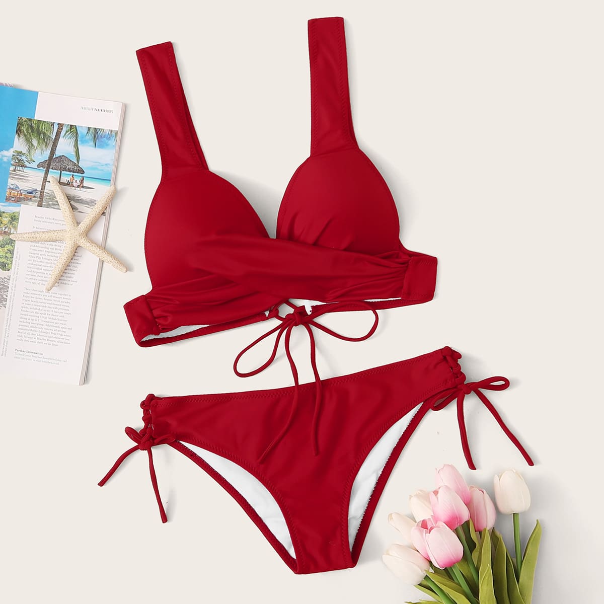 

Cross Front Tie Side Bikini Swimsuit, Red