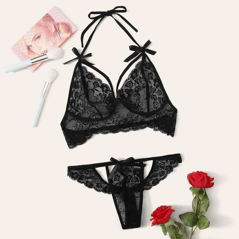 

Floral Lace Halter Lingerie Set, Black