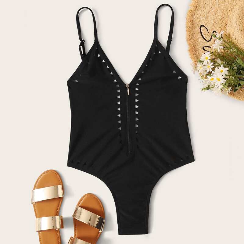 

Zip Front Cutout One Piece Swimsuit, Black