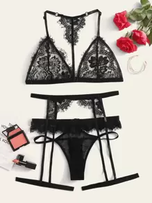 Classic Sexy Set de lencería con liga con encaje floral - Negro - Ver 1