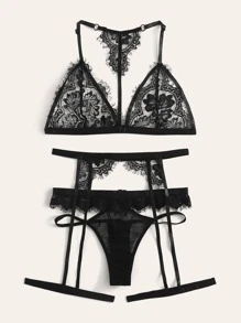 Classic Sexy Set de lencería con liga con encaje floral - Negro - Ver 3