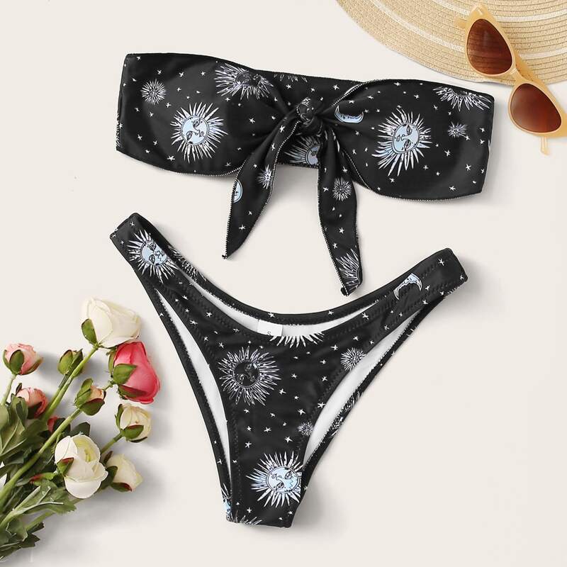 

Sun Print Bandeau High Leg Bikini Swimsuit, Black