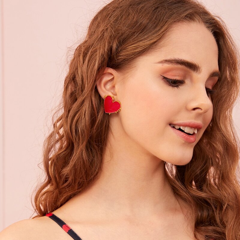 

1pair Heart Stud Earrings, Red