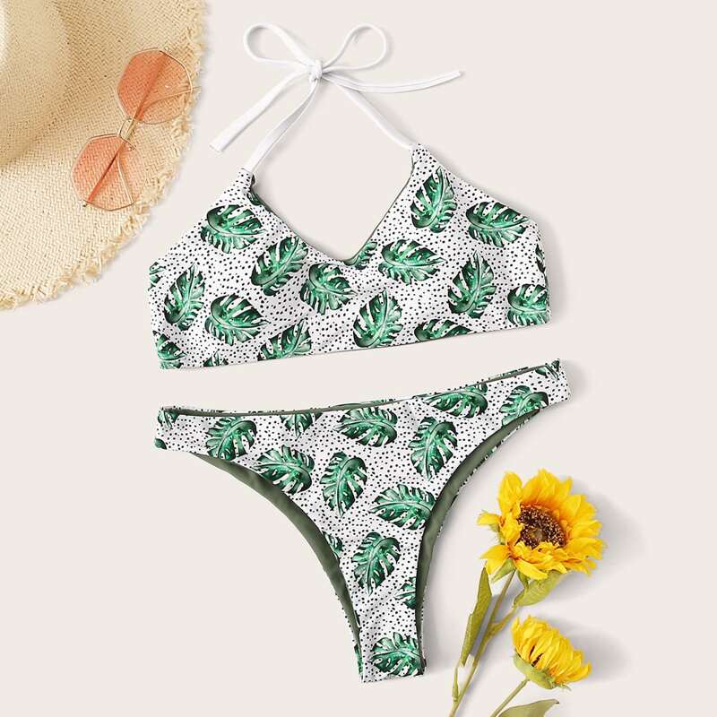 

Leaf Print Halter Bikini Swimsuit, Multicolor