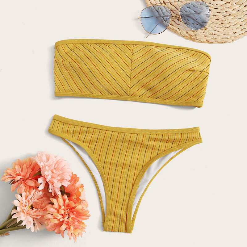 

Glitter Striped Bandeau Bikini Set, Yellow