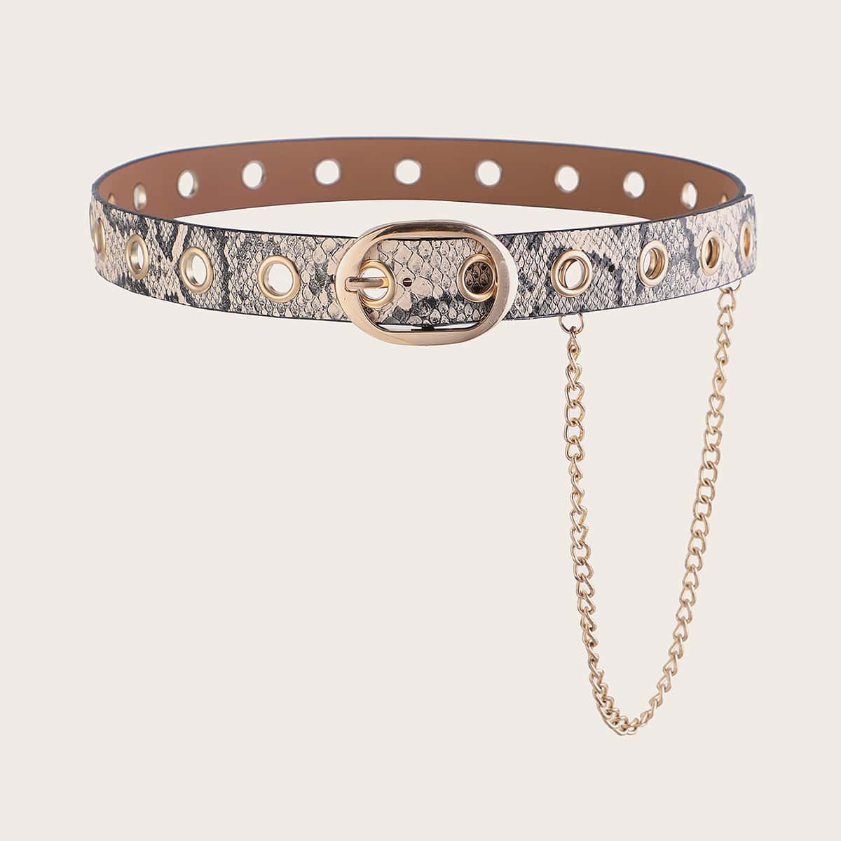 

Chain Decor Snakeskin Pattern Buckle Belt, Multicolor
