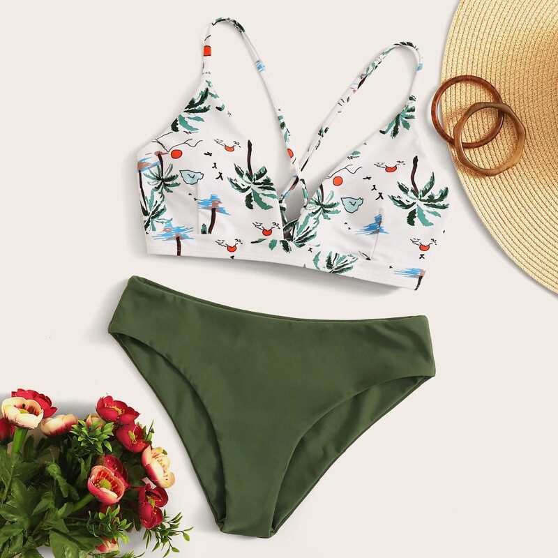 

Tropical Lace-up Bikini Swimsuit, Multicolor