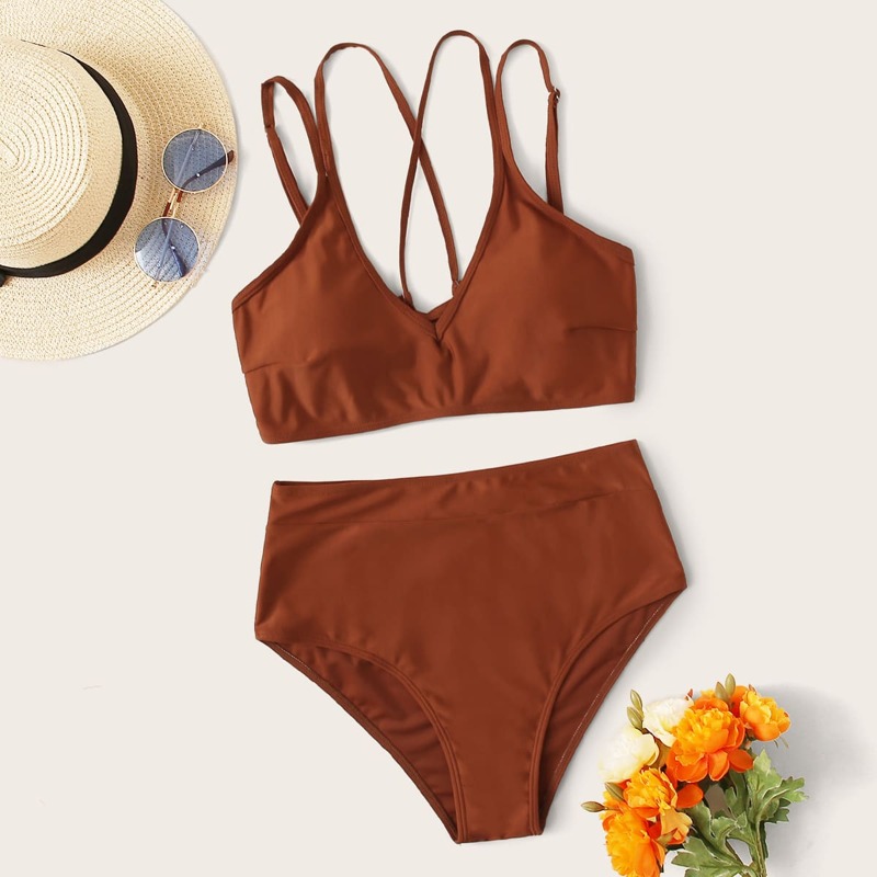 

Lace-up Back Top With High Waist Bikini Set, Brown