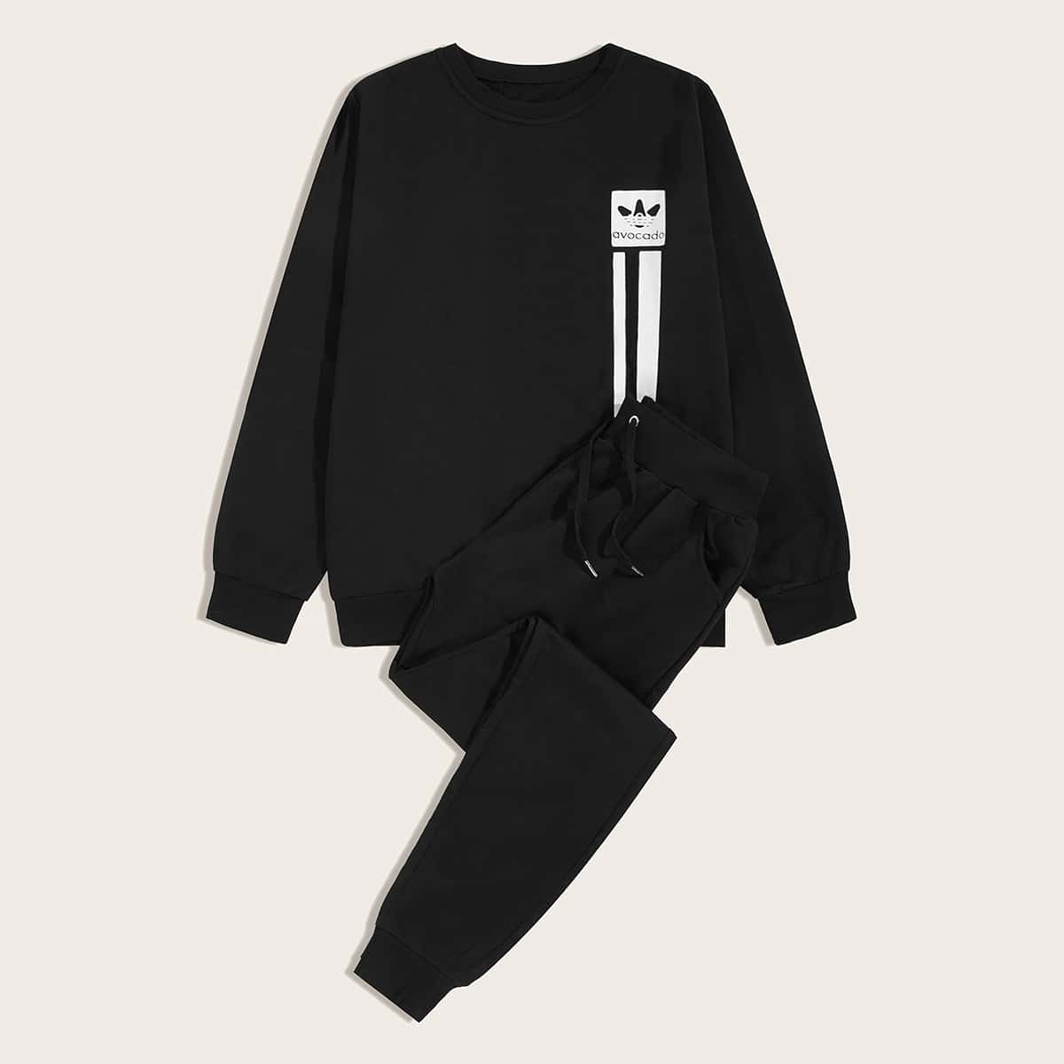 

Guys Stripe Print Sweatshirt With Drawstring Joggers, Black