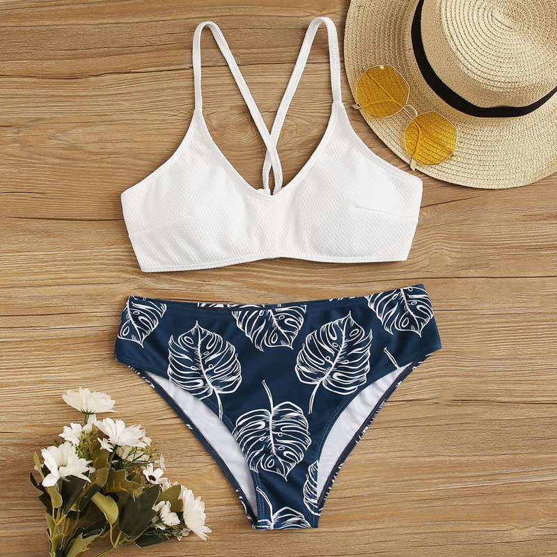 

Lace Up Back Palm Print Bikini Swimsuit, Multicolor
