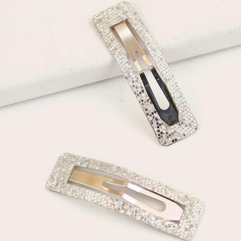 

2pcs Glitter Geometric Hair Clip, Silver