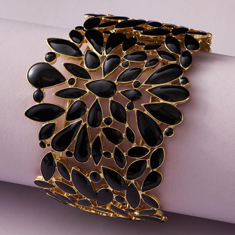 

1pc Gemstone Flower Decor Cuff Bracelet, Black