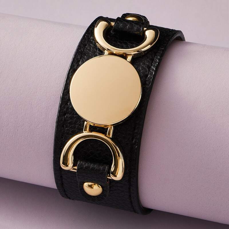 

1pc Metallic Disc Decor Wide PU Bracelet, Black