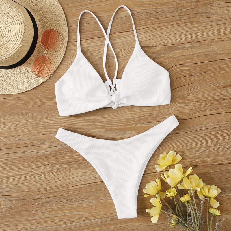 

Lace-up Ribbed Top With High Cut Bikini Set, White