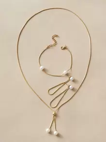 4入組假珍珠裝飾項鍊&耳環&手鐲 - 金黃色 - 查看 1