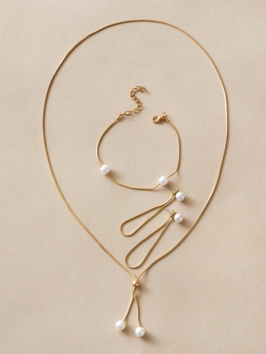 4入組假珍珠裝飾項鍊&耳環&手鐲 - 金黃色 - 查看 1