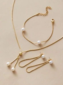 4入組假珍珠裝飾項鍊&耳環&手鐲 - 金黃色 - 查看 2