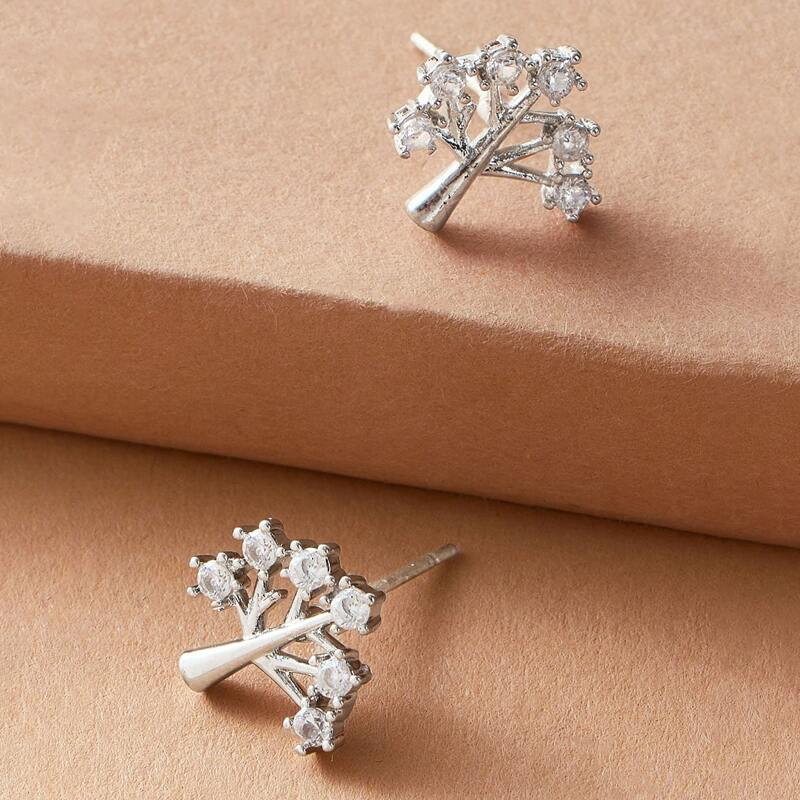 

1pair Rhinestone Engraved Tree Stud Earrings, Silver