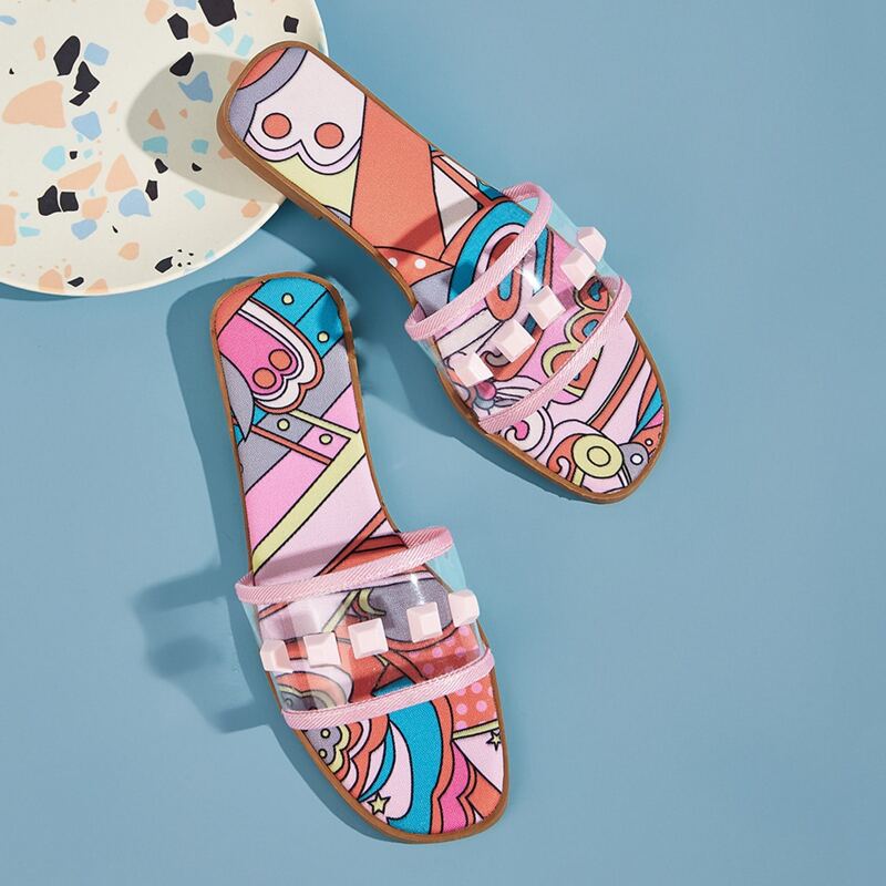 

Studded Decor Clear Strap Sliders, Pink