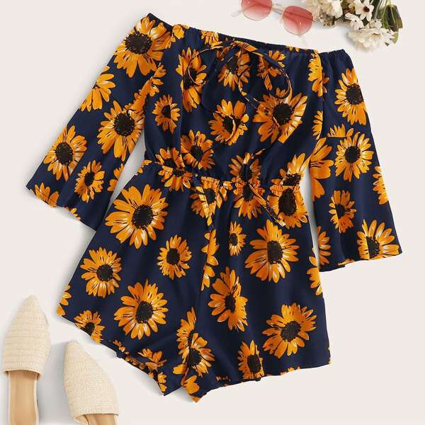

Sunflower Print Off-the-Shoulder Romper, Multicolor