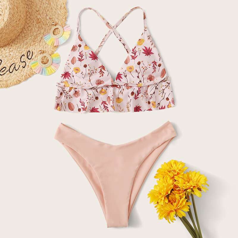 

Floral Ruffle Hem Top With High Cut Bikini Set, Multicolor
