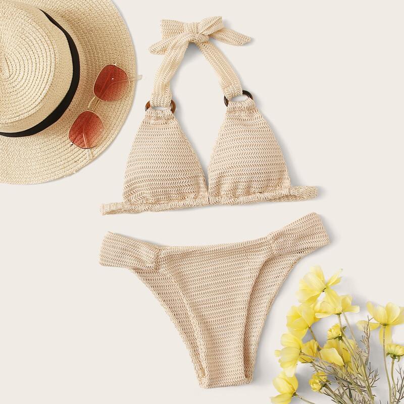 

Ring Linked Crochet Bikini Swimsuit, Beige