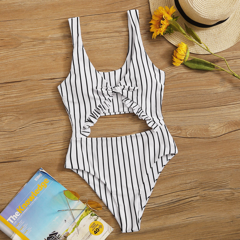 

Striped Ruffle Detail One Piece Swimsuit, Black and white