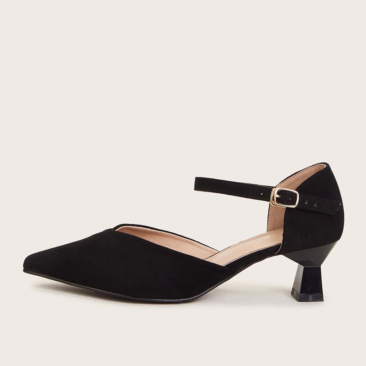 

Point Toe Buckle Strap Heels, Black