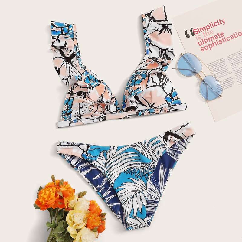 

Leaf Print Ruffle Bikini Swimsuit, Multicolor