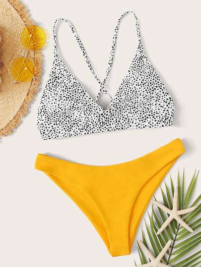 Dalmatian Print Lace-up Back High Cut Bikini Swimsuit