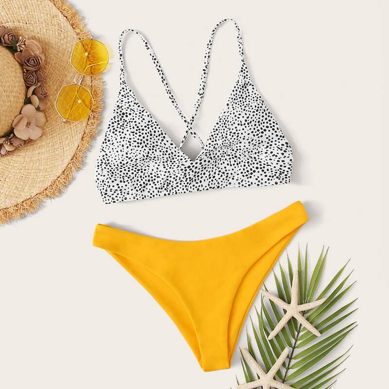 

Dalmatian Print Lace-up Back High Cut Bikini Swimsuit, Multicolor